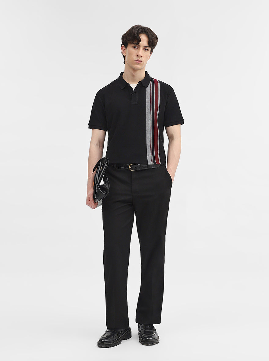 Black & Maroon Striped Slim Fit Polo T-Shirt | JadeBlue