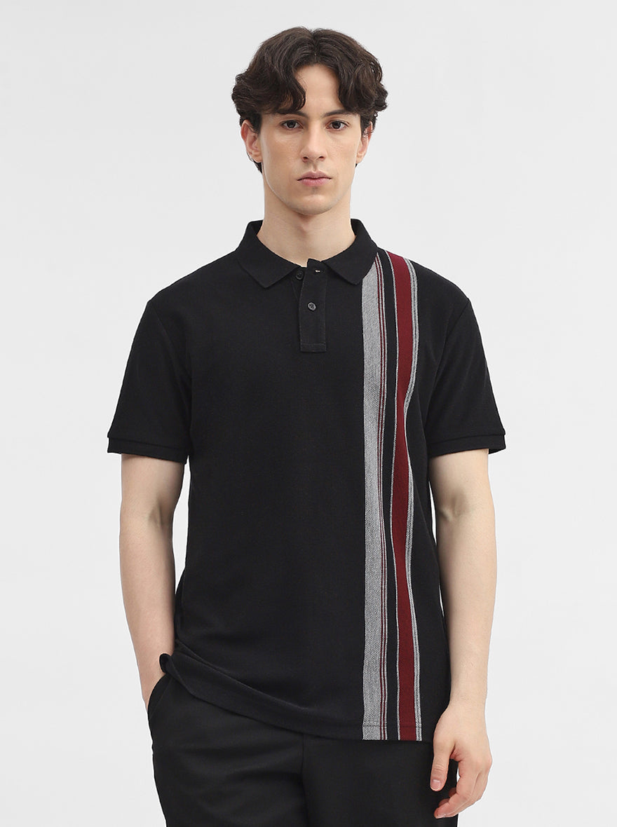 Black & Maroon Striped Slim Fit Polo T-Shirt | JadeBlue