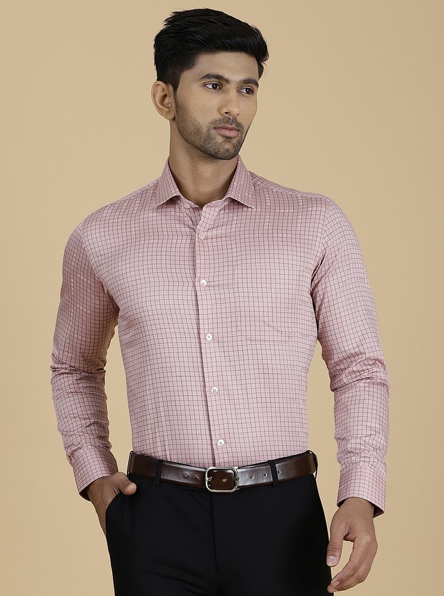 Pink Checked Slim Fit Formal Shirt | Metal