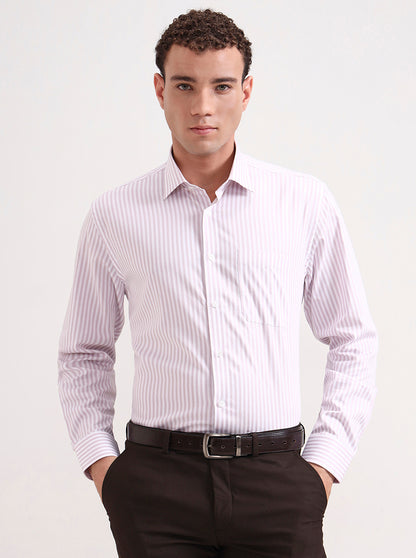 White & Dark Pink Striped Regular Fit Formal Shirt | JadeBlue