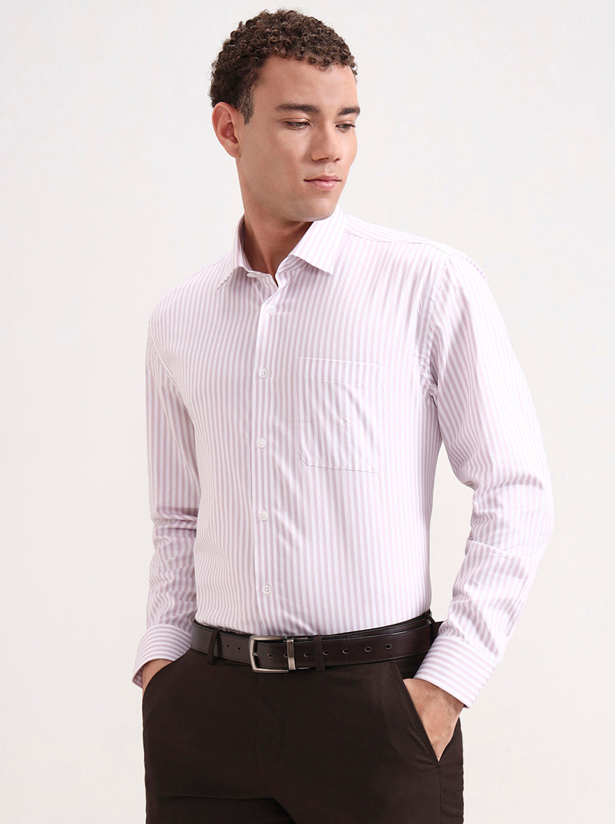 White & Dark Pink Striped Regular Fit Formal Shirt | JadeBlue