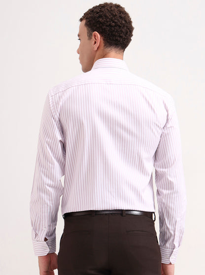 White & Dark Pink Striped Regular Fit Formal Shirt | JadeBlue
