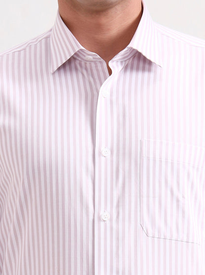 White & Dark Pink Striped Regular Fit Formal Shirt | JadeBlue
