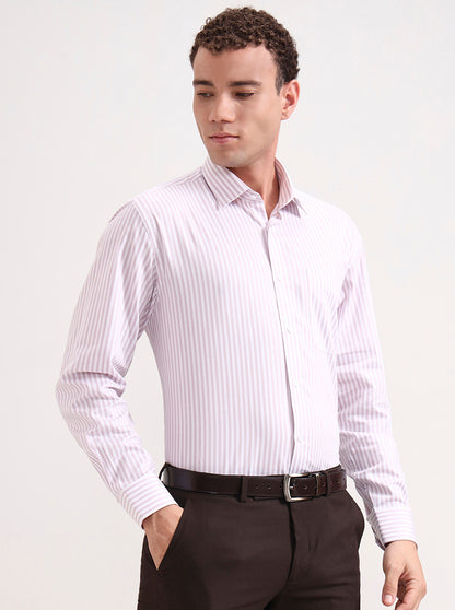 White & Dark Pink Striped Regular Fit Formal Shirt | JadeBlue