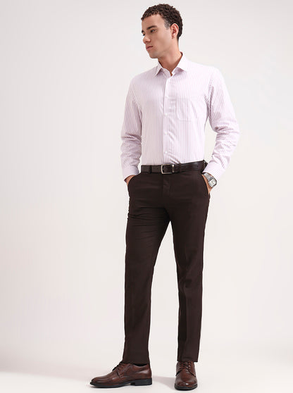 White & Dark Pink Striped Regular Fit Formal Shirt | JadeBlue