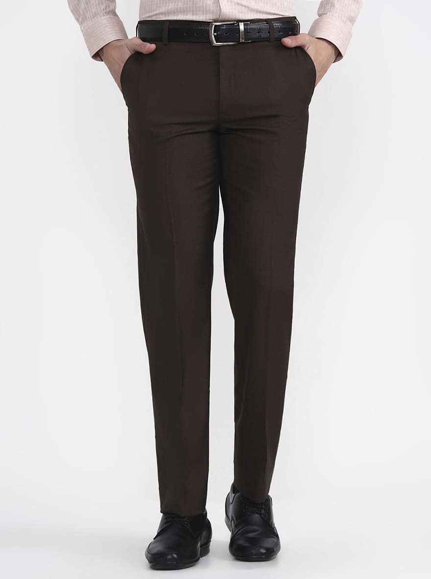 Olive Brown Solid Regular Fit Formal Trouser | JadeBlue