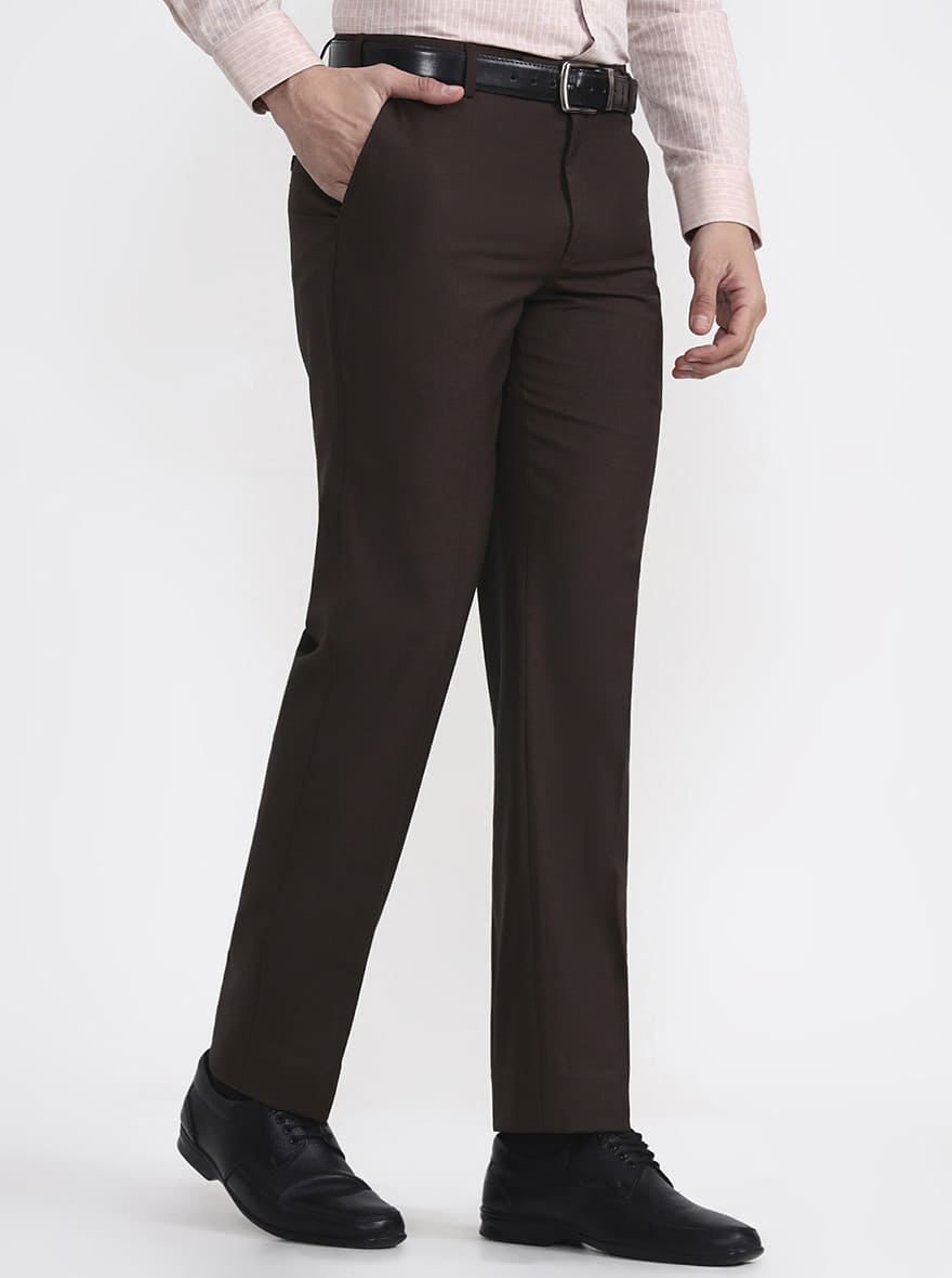 Olive Brown Solid Regular Fit Formal Trouser | JadeBlue