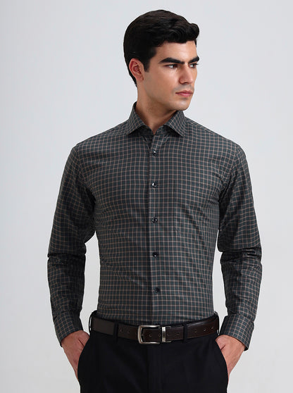 Green & Brown Checked Slim Fit Formal Shirt | Metal