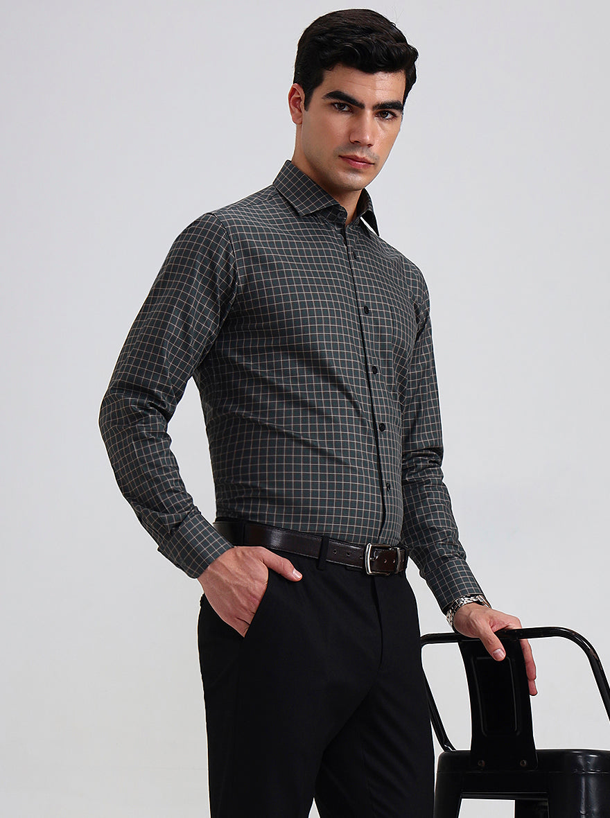 Green & Brown Checked Slim Fit Formal Shirt | Metal