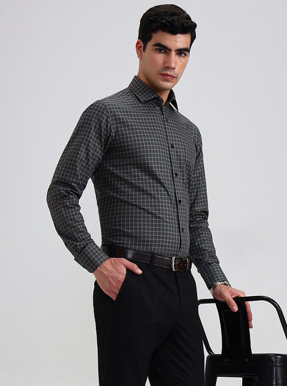 Green & Brown Checked Slim Fit Formal Shirt | Metal