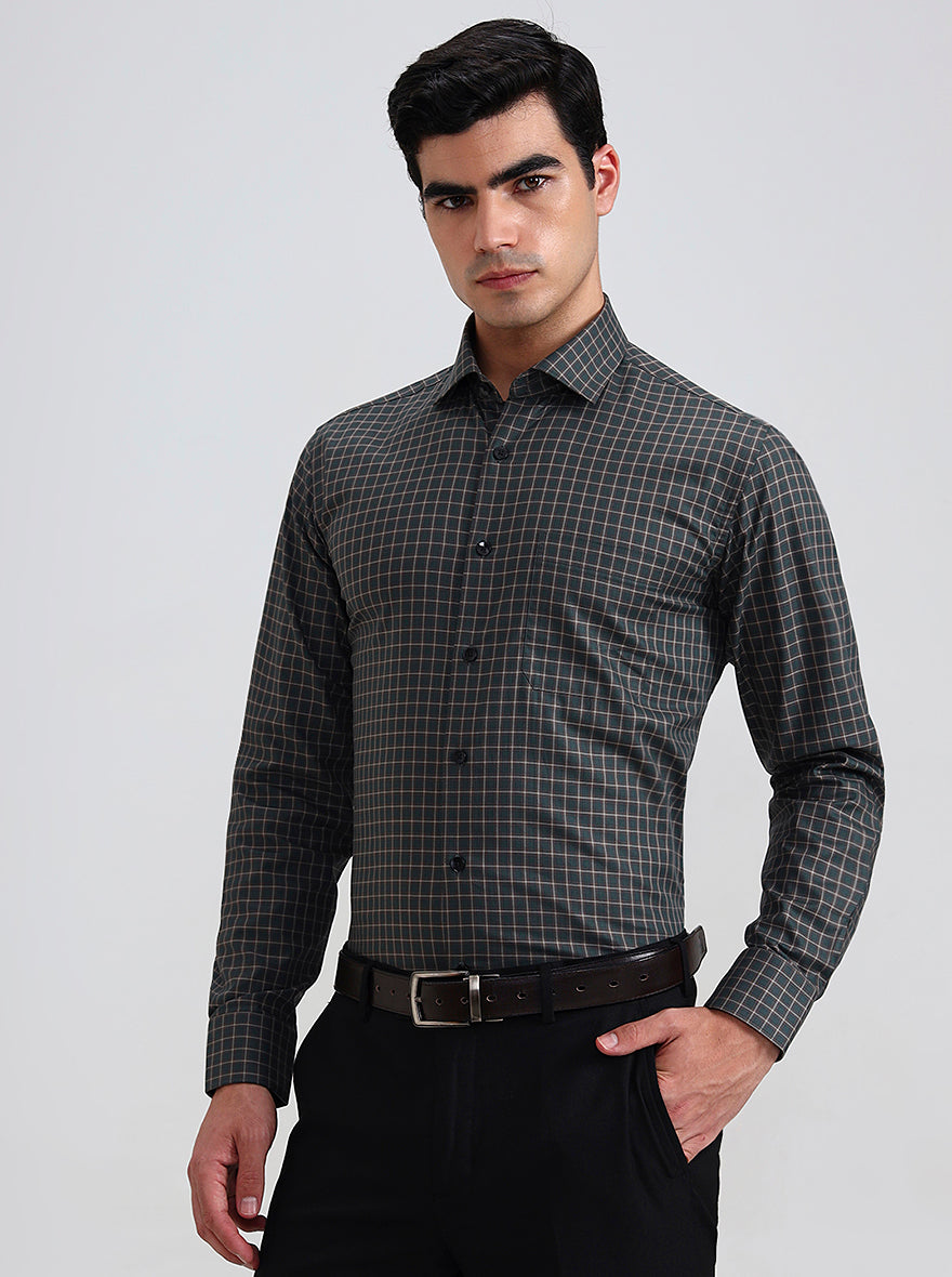 Green & Brown Checked Slim Fit Formal Shirt | Metal