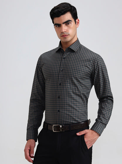 Green & Brown Checked Slim Fit Formal Shirt | Metal