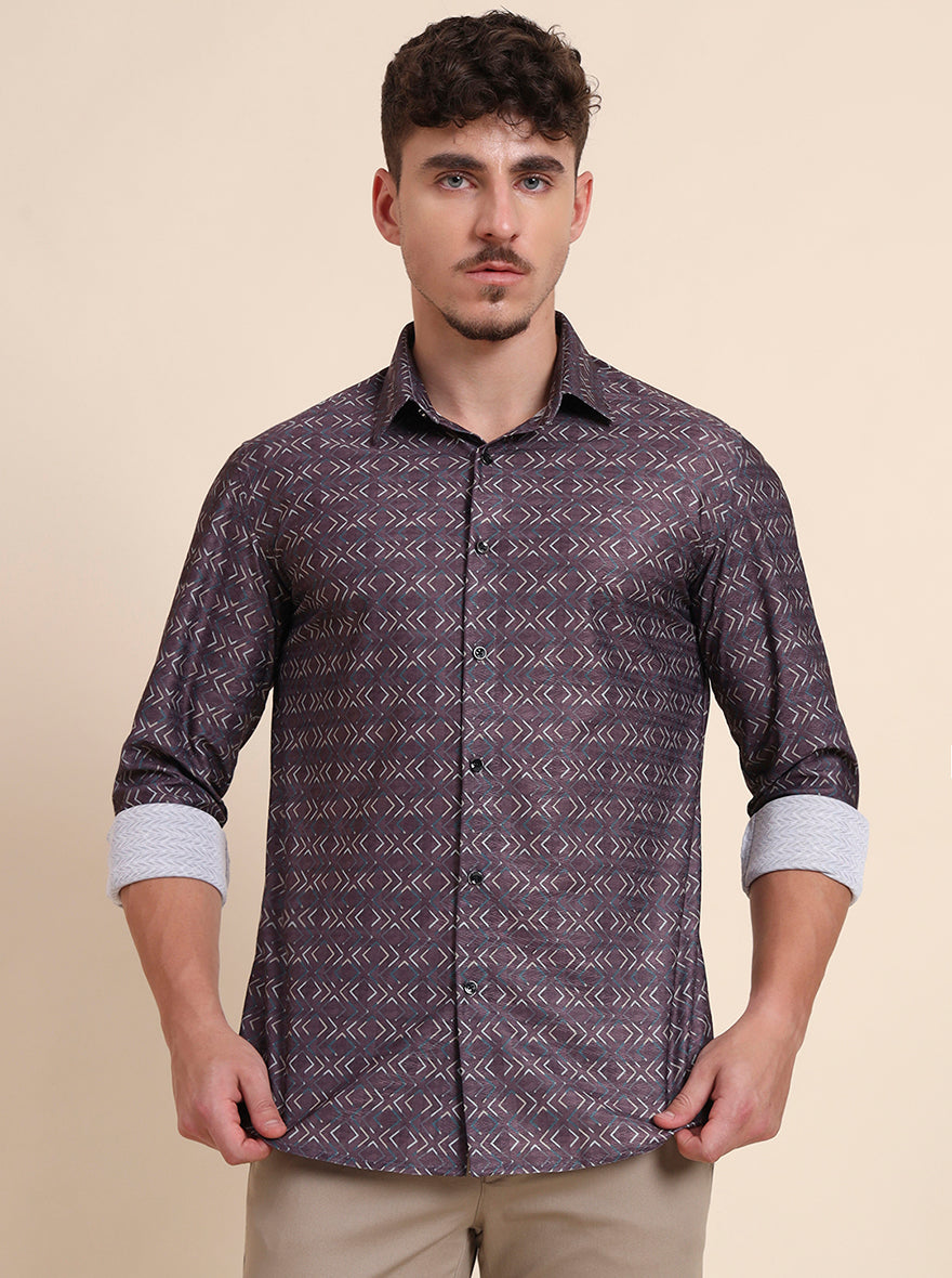 Brown Printed Slim Fit Party Wear Shirt | Wyre