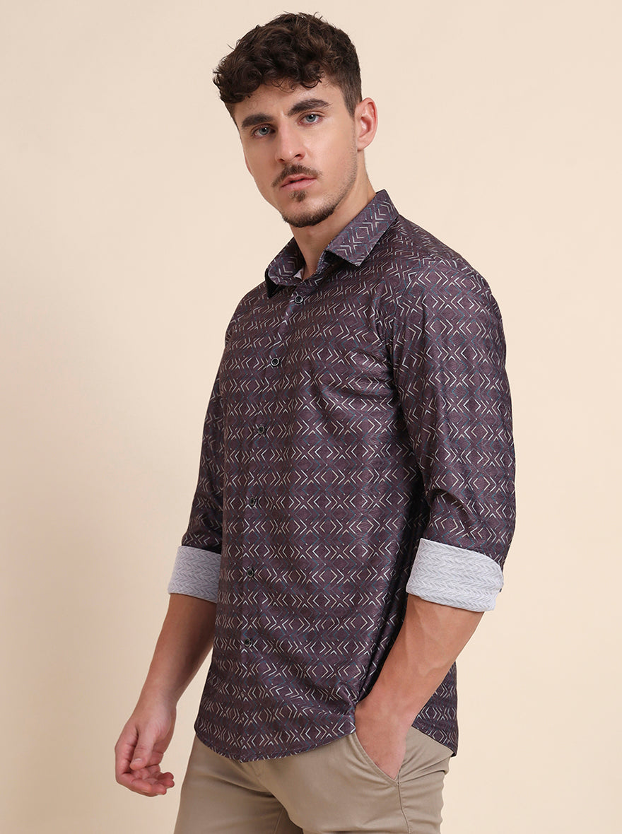 Brown Printed Slim Fit Party Wear Shirt | Wyre