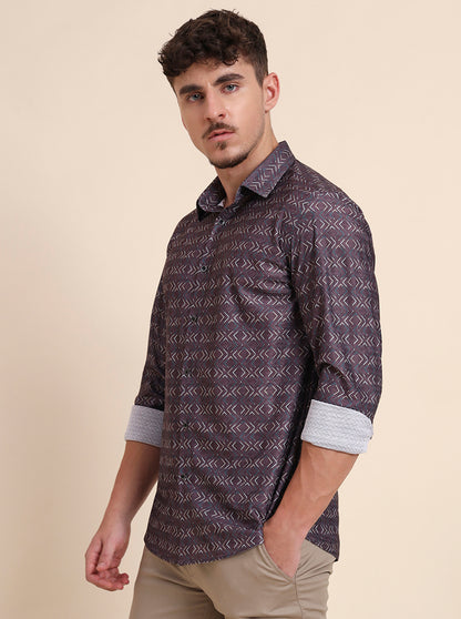 Brown Printed Slim Fit Party Wear Shirt | Wyre