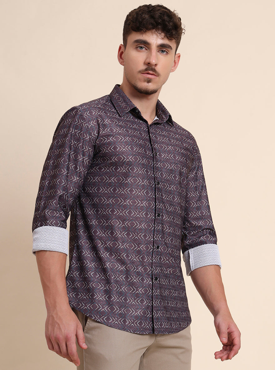 Brown Printed Slim Fit Party Wear Shirt | Wyre