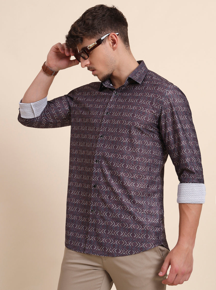 Brown Printed Slim Fit Party Wear Shirt | Wyre