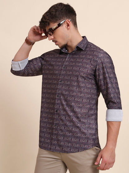 Brown Printed Slim Fit Party Wear Shirt | Wyre