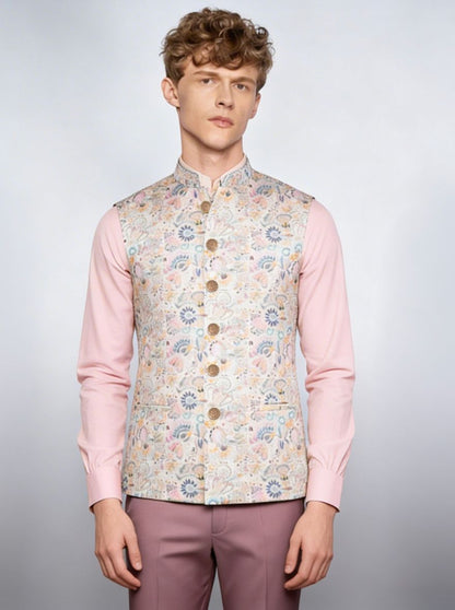 Cream Printed Waistcoat | Wyre