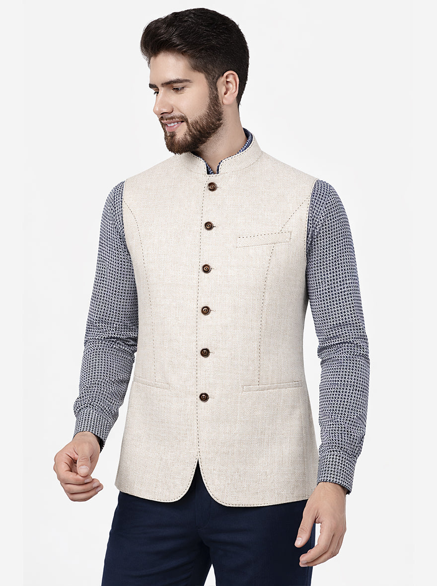 White & Brown Textured Regular Fit Modi Jacket | JadeBlue