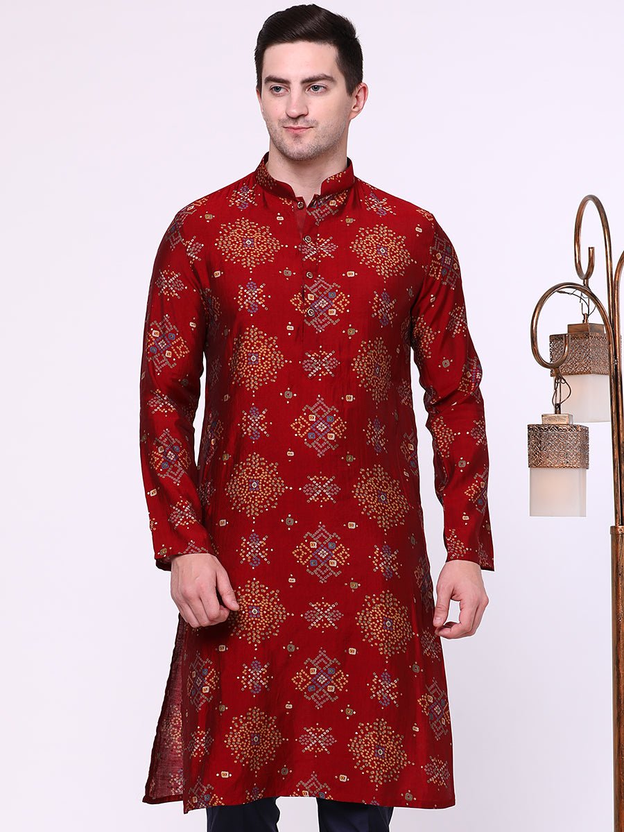 Maroon Printed Cotton Blend Kurta for Men