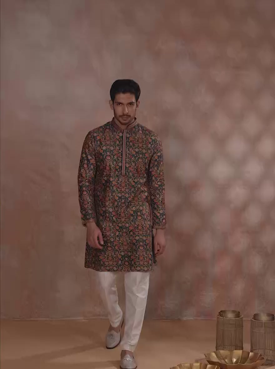 Dark Teal Printed and Embroidered Kurta Pajama | JB X JB