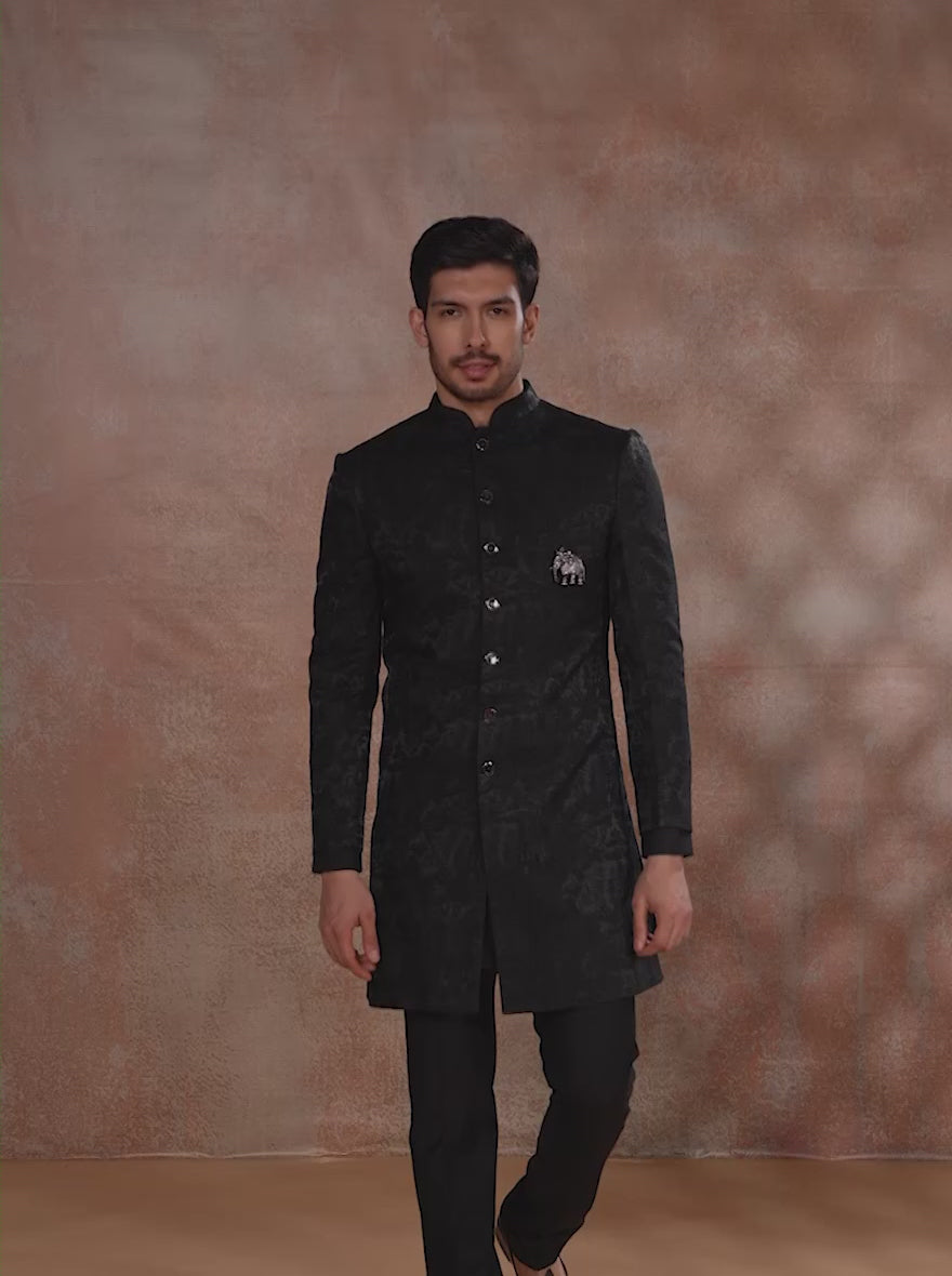 Black Self Textured Indowestern | JB X JB