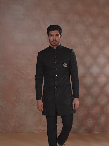 Black Self Textured Indowestern | JB X JB