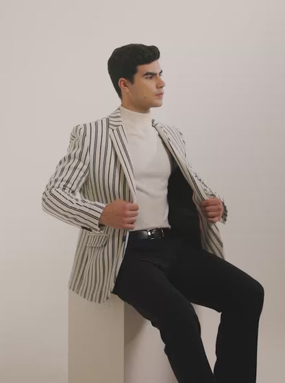 White & Black Striped Regular Fit Blazer | JBXJB