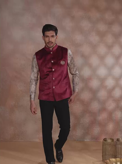 Maroon Broach Bandhgala Jacket | JB X JB