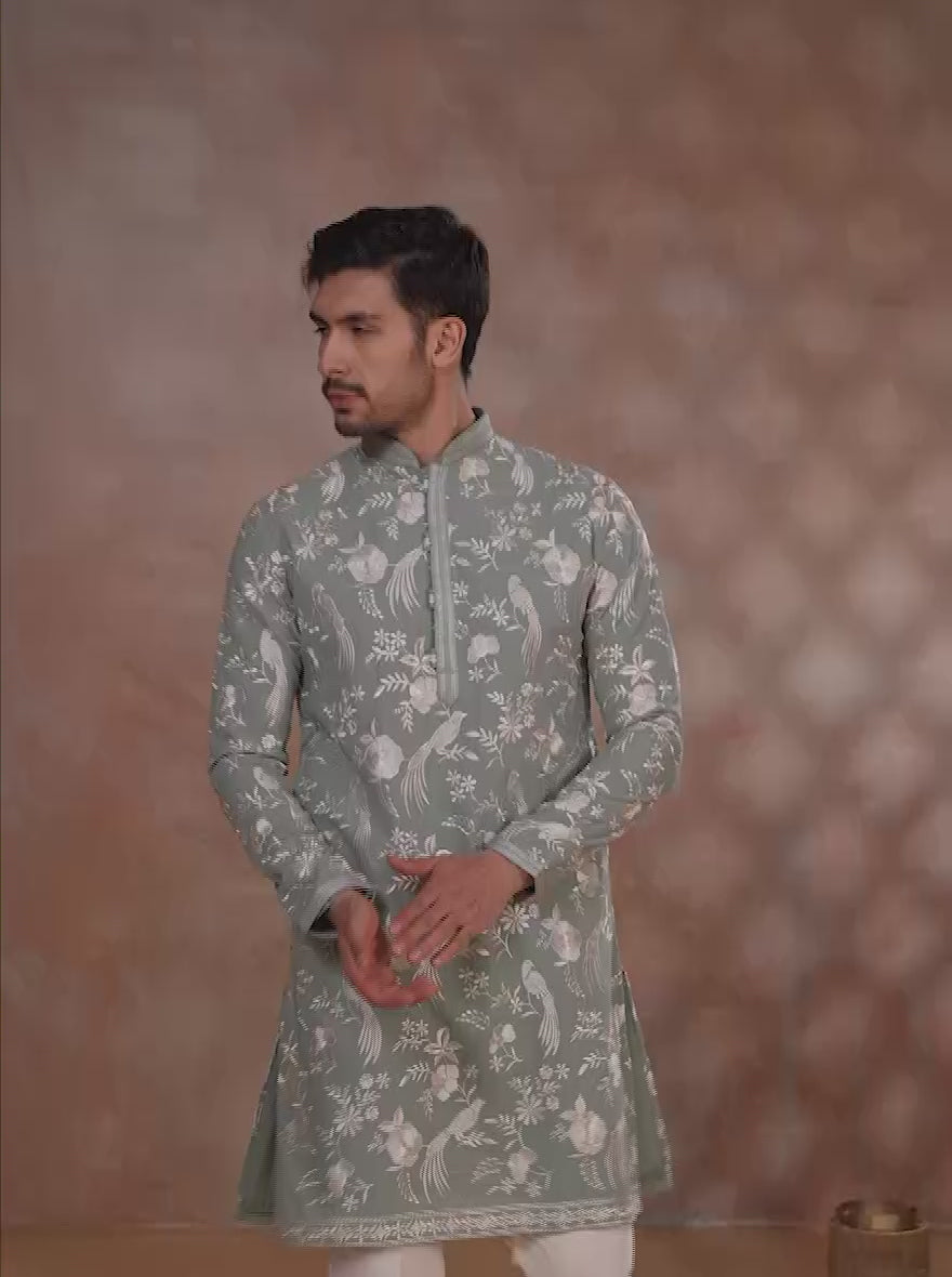 Green Printed and Embroidered Kurta Pajama | JB X JB