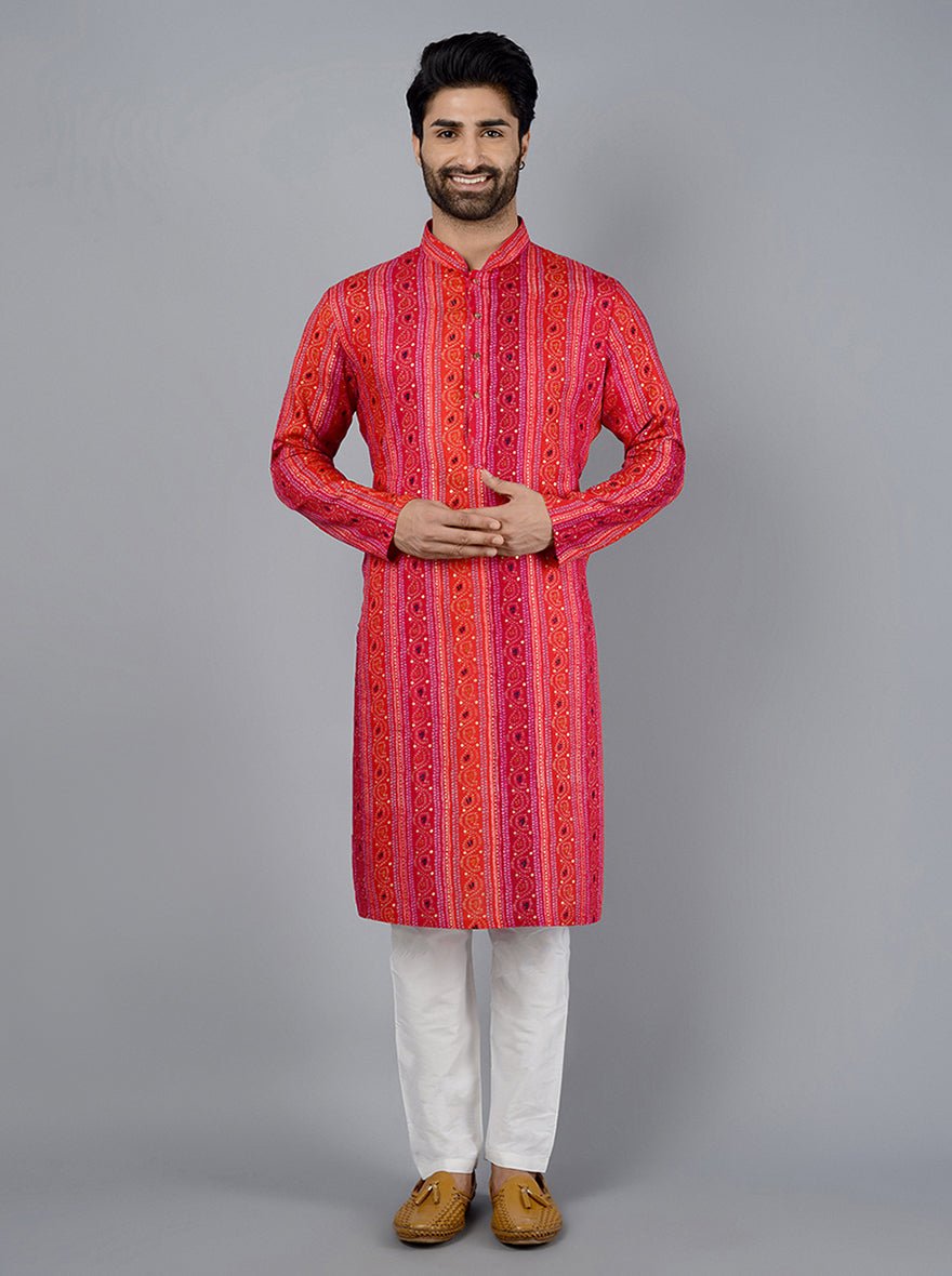 Red & Pink Printed Cotton Blend Kurta for Men