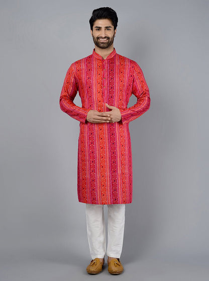 Red & Pink Printed Cotton Blend Kurta for Men