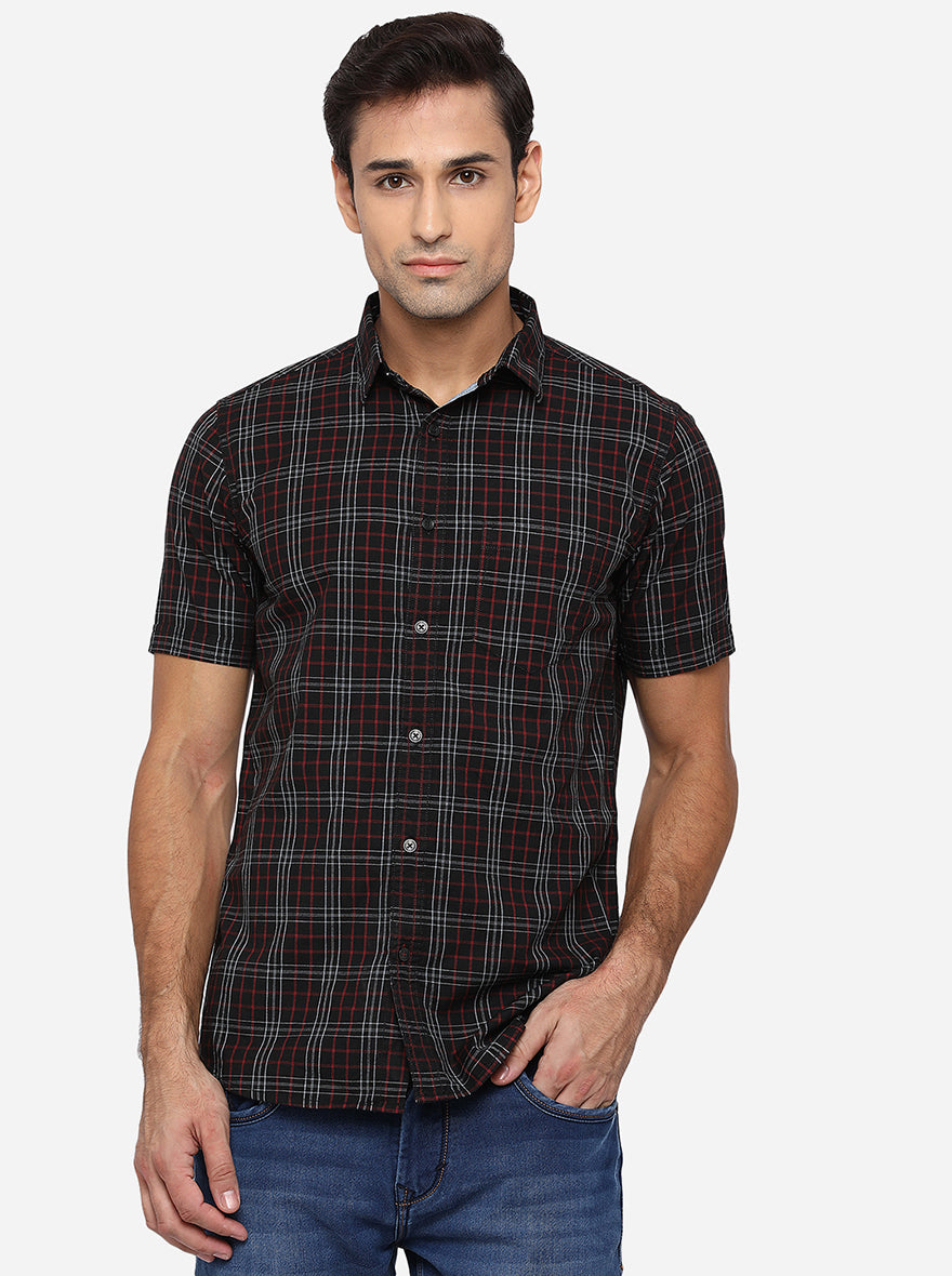 Black & Red Checked Slim Fit Semi Casual Shirt | JadeBlue