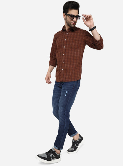 Coffee Brown Checked Slim Fit Semi Casual Shirt | JadeBlue
