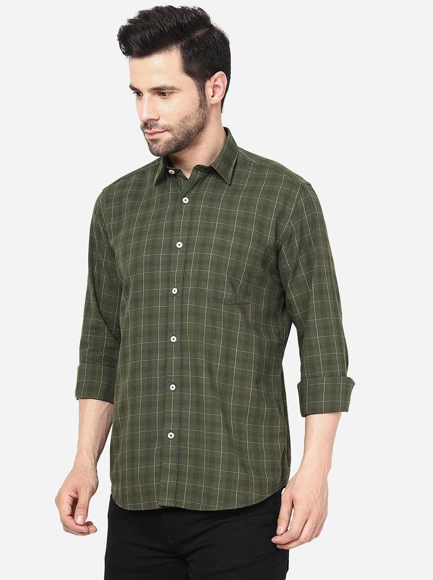 Olive Green Checked Slim Fit Semi Casual Shirt | JadeBlue