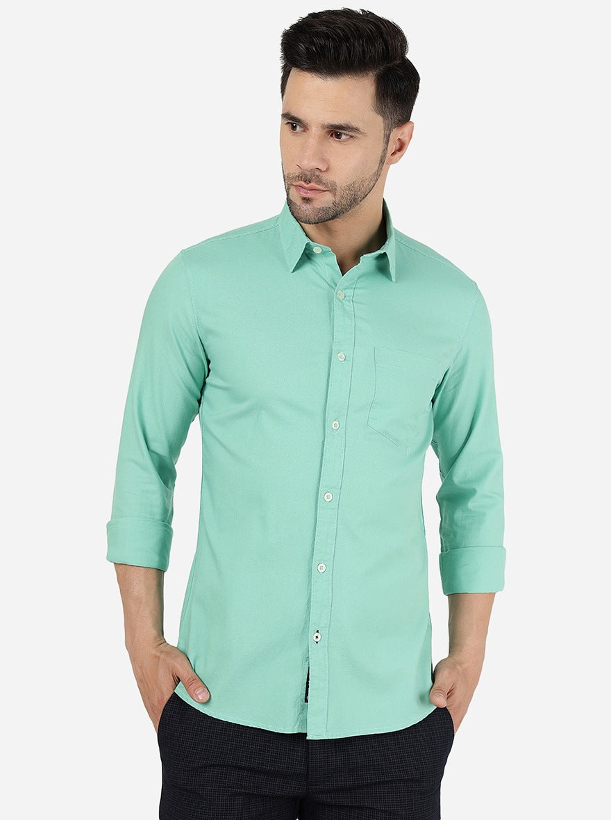 Biscay Green Solid Slim Fit Casual Shirt | JadeBlue
