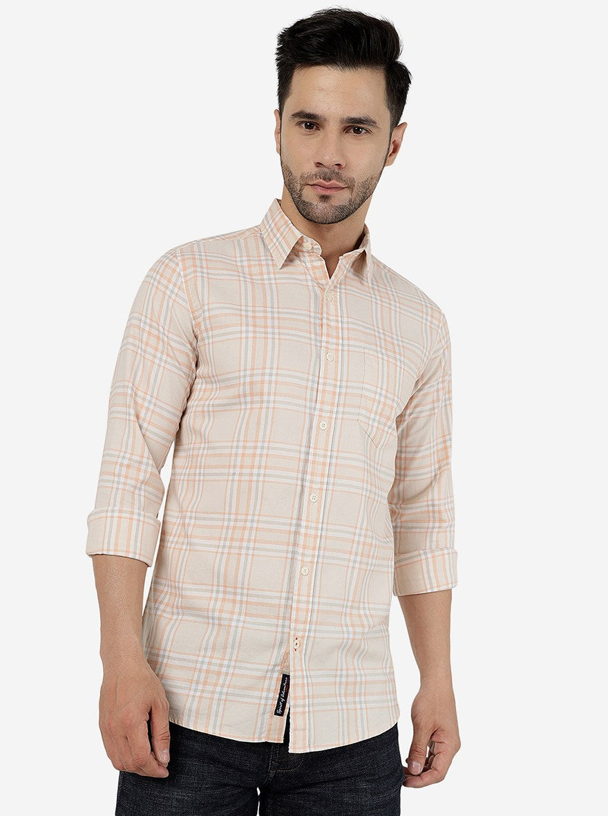 Peach Checked Slim Fit Casual Shirt | JadeBlue