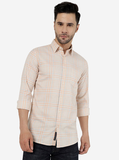 Peach Checked Slim Fit Casual Shirt | JadeBlue