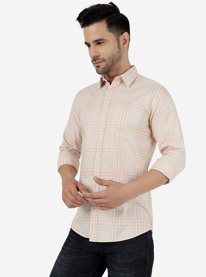 Peach Checked Slim Fit Casual Shirt | JadeBlue