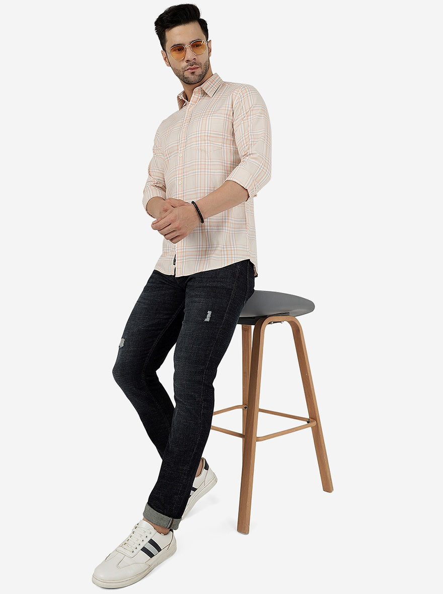 Peach Checked Slim Fit Casual Shirt | JadeBlue