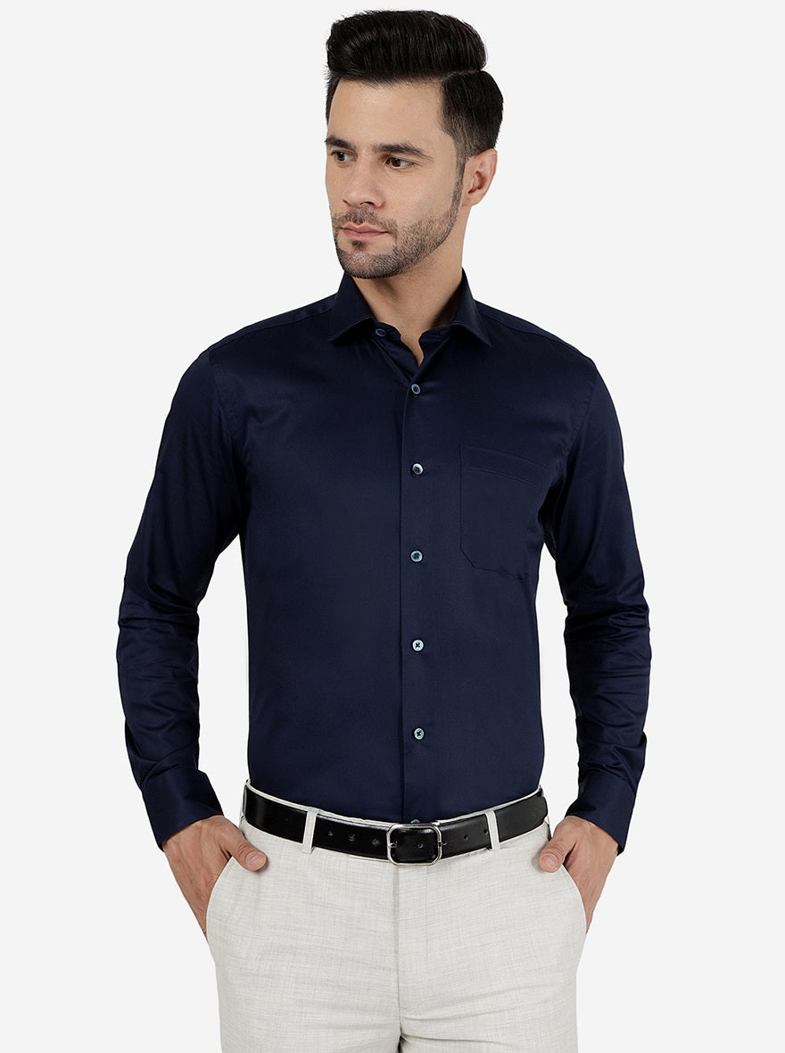 Blue Solid Slim Fit Formal Shirt | Metal