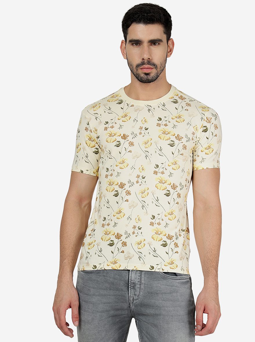 Cream Printed Slim Fit T-Shirt | JadeBlue