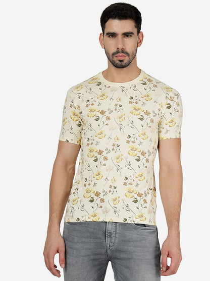 Cream Printed Slim Fit T-Shirt | JadeBlue