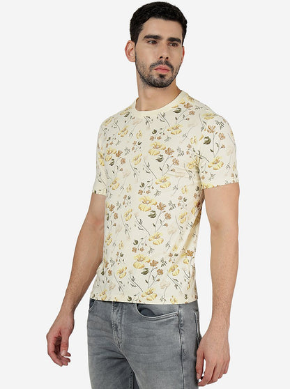Cream Printed Slim Fit T-Shirt | JadeBlue