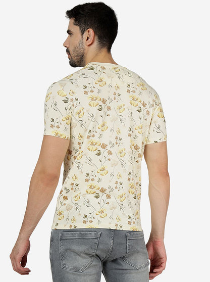 Cream Printed Slim Fit T-Shirt | JadeBlue