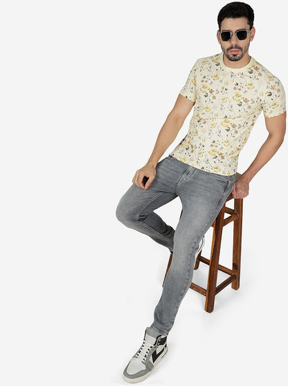 Cream Printed Slim Fit T-Shirt | JadeBlue