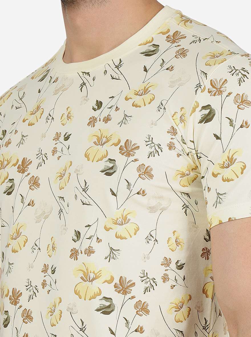 Cream Printed Slim Fit T-Shirt | JadeBlue
