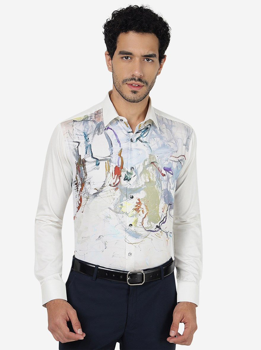Cream Printed Slim Fit Party Wear Shirt | JB Studio