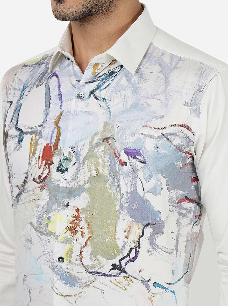 Cream Printed Slim Fit Party Wear Shirt | JB Studio